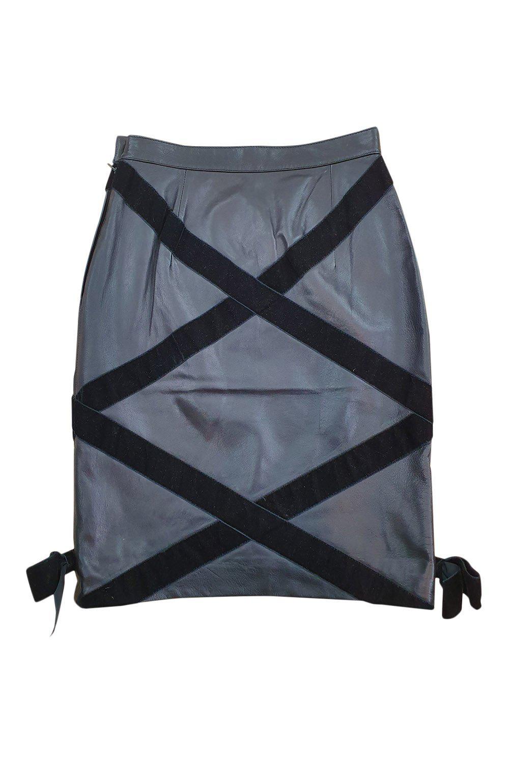 VALENTINO Vintage Black Leather Velvet Trim Knee Length Skirt (40)-Valentino-The Freperie