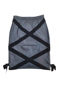 VALENTINO Vintage Black Leather Velvet Trim Knee Length Skirt (40)-Valentino-The Freperie
