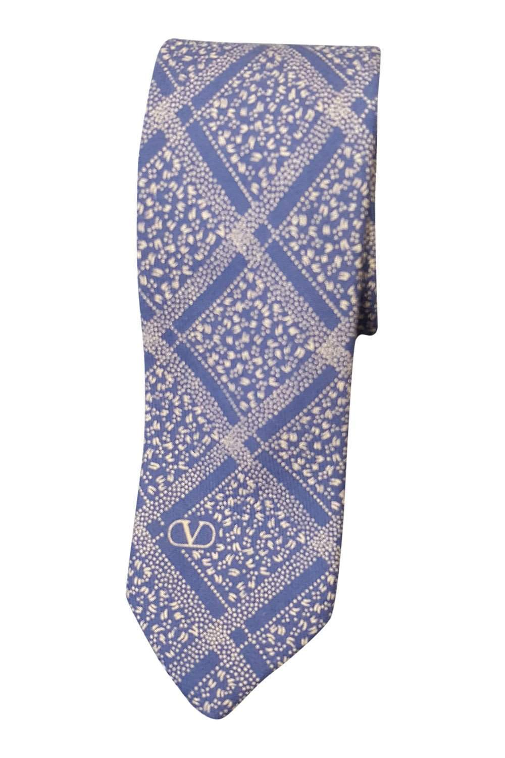 VALENTINO Men's 100% Wool Blue Tie With Cream Check Repeat (55L)-Valentino-The Freperie