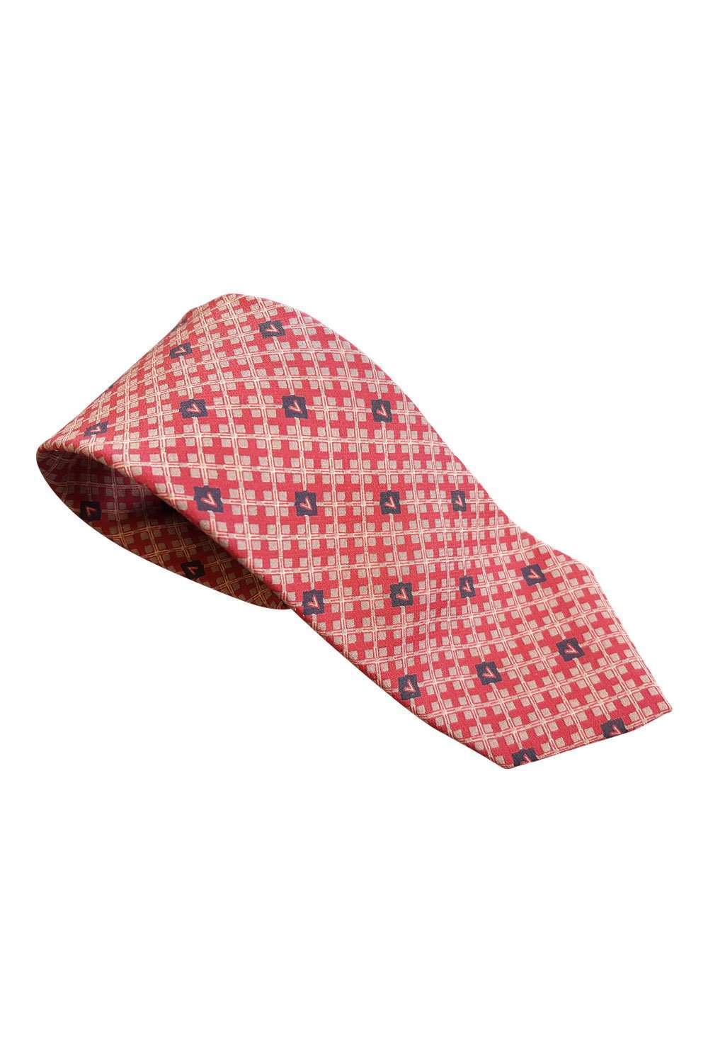 VALENTINO Vintage Silk Red Tie With Grey Argyle Print Repeat-Valentino-The Freperie