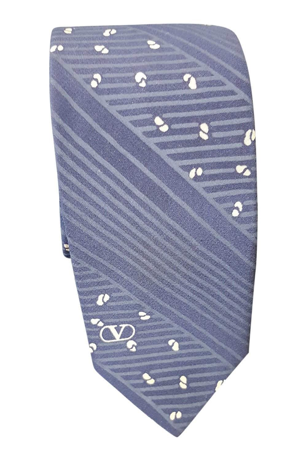 VALENTINO Men's 100% Silk Blue Stripe and Print Tie (56L)-Valentino-The Freperie