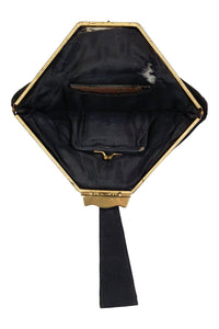 VINTAGE 1930s 1940s Black Silk Fabric Brass Frame Wristlet Bag (S)-The Freperie