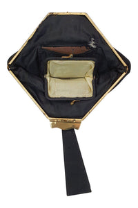 VINTAGE 1930s 1940s Black Silk Fabric Brass Frame Wristlet Bag (S)-The Freperie