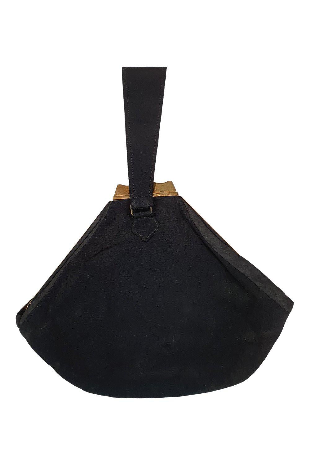 VINTAGE 1930s 1940s Black Silk Fabric Brass Frame Wristlet Bag (S)-The Freperie
