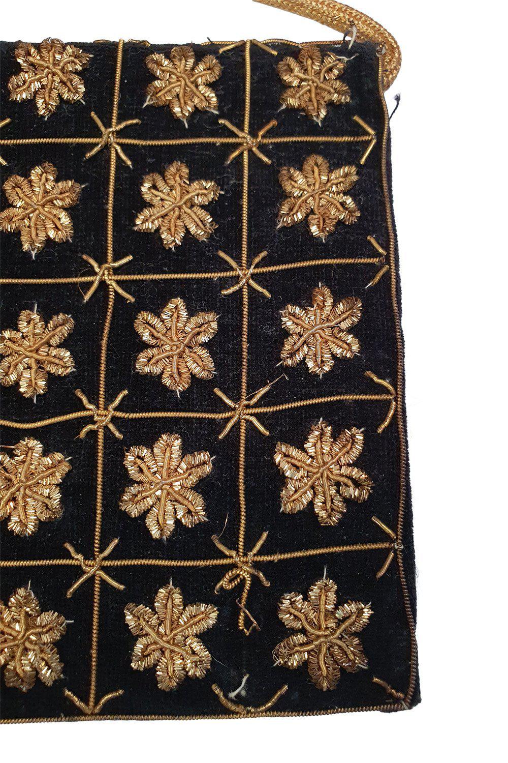 VINTAGE 1930s Black Velvet Embroidered Gold Five Point Flower Repeat Zardozi (S)-The Freperie