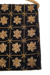 VINTAGE 1930s Black Velvet Embroidered Gold Five Point Flower Repeat Zardozi (S)-The Freperie