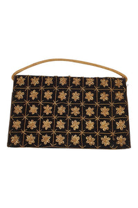 VINTAGE 1930s Black Velvet Embroidered Gold Five Point Flower Repeat Zardozi (S)-The Freperie