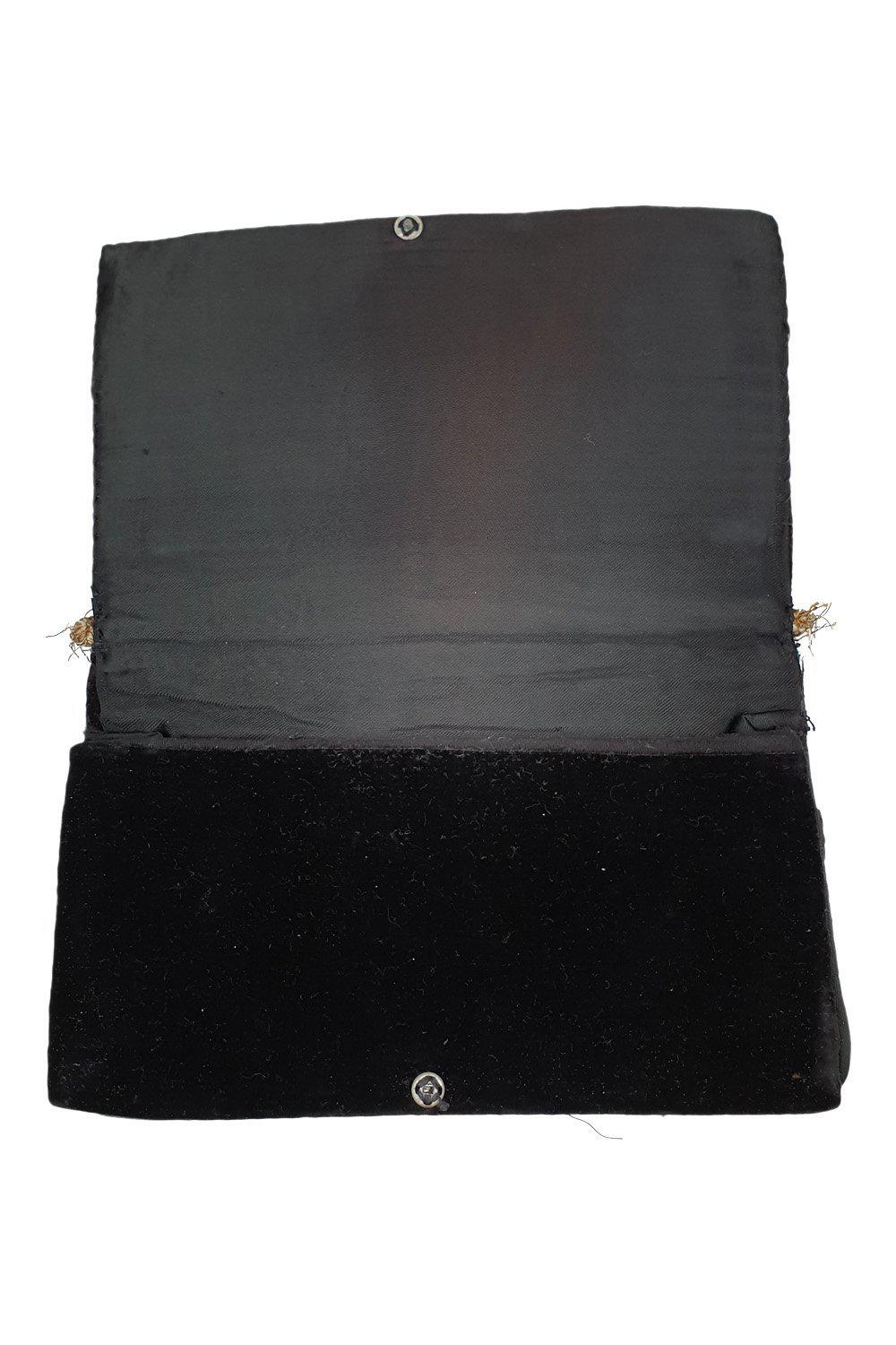 VINTAGE 1930s Black Velvet Embroidered Silver Gold Sunflower Style Zardozi Bag S-The Freperie