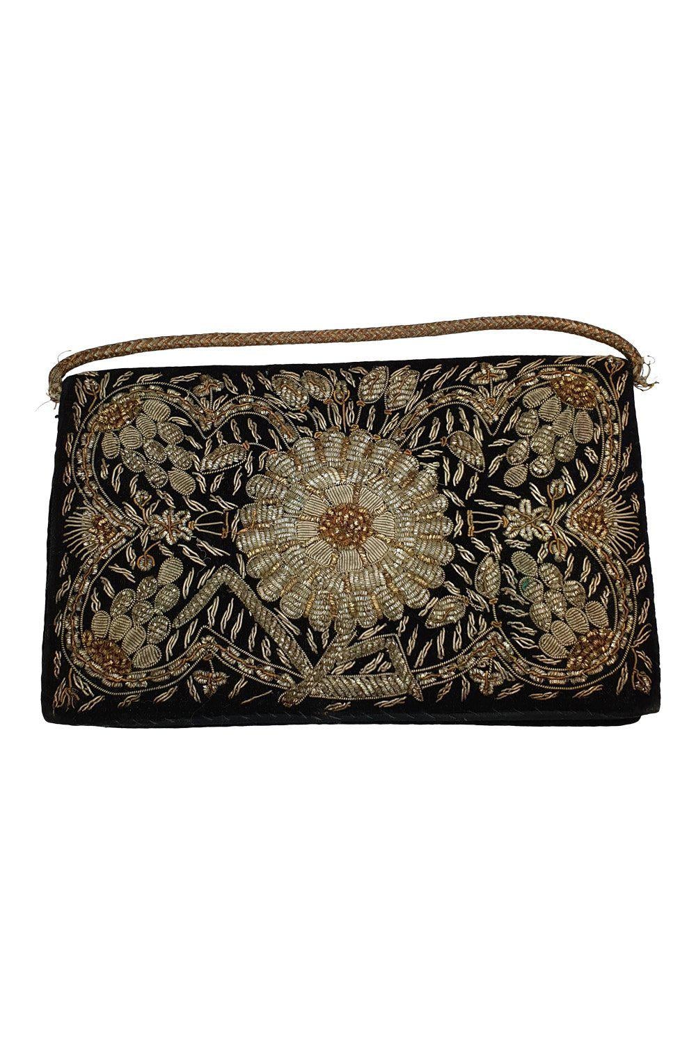 VINTAGE 1930s Black Velvet Embroidered Silver Gold Sunflower Style Zardozi Bag S-The Freperie