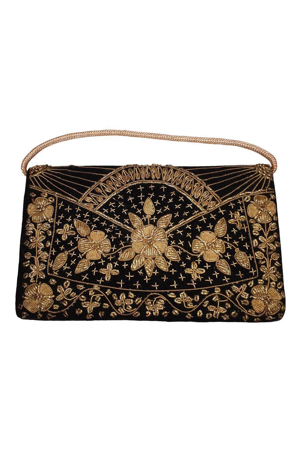 VINTAGE 1930s Black Velvet Embroidered Yellow Gold Floral Arch Sunburst Zardozi (S)-The Freperie