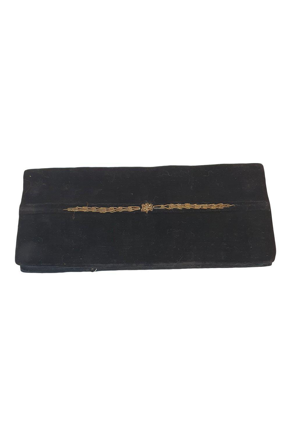 VINTAGE 1930s Black Velvet Gold Thread Embroidered White Beaded Zardozi Bag (S)-Unbranded-The Freperie