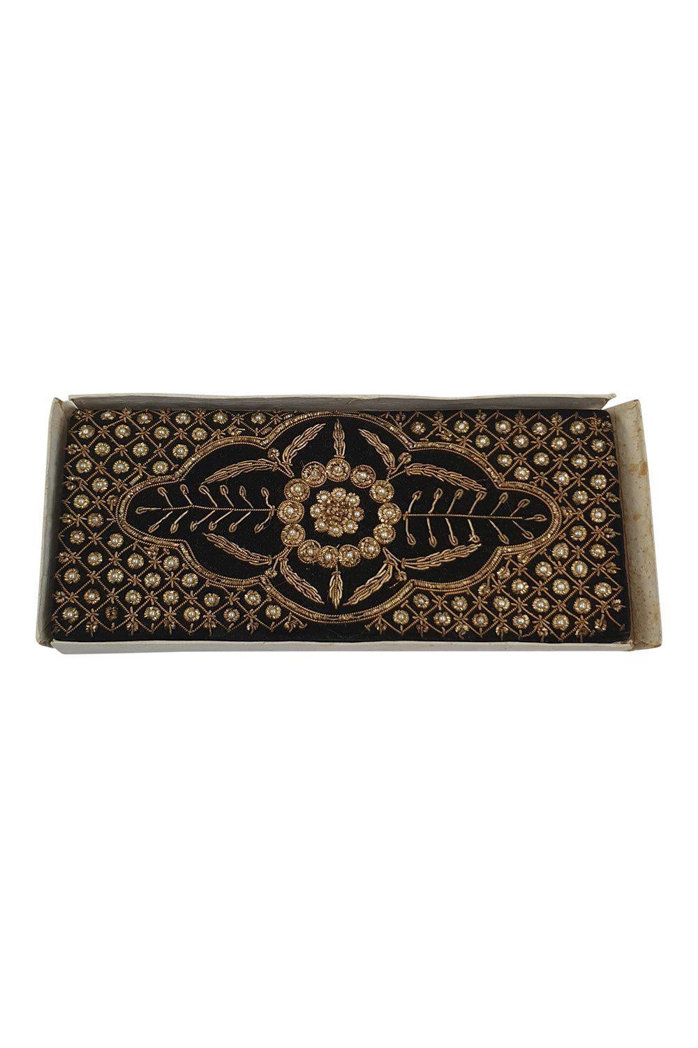 VINTAGE 1930s Black Velvet Gold Thread Embroidered White Beaded Zardozi Bag (S)-Unbranded-The Freperie