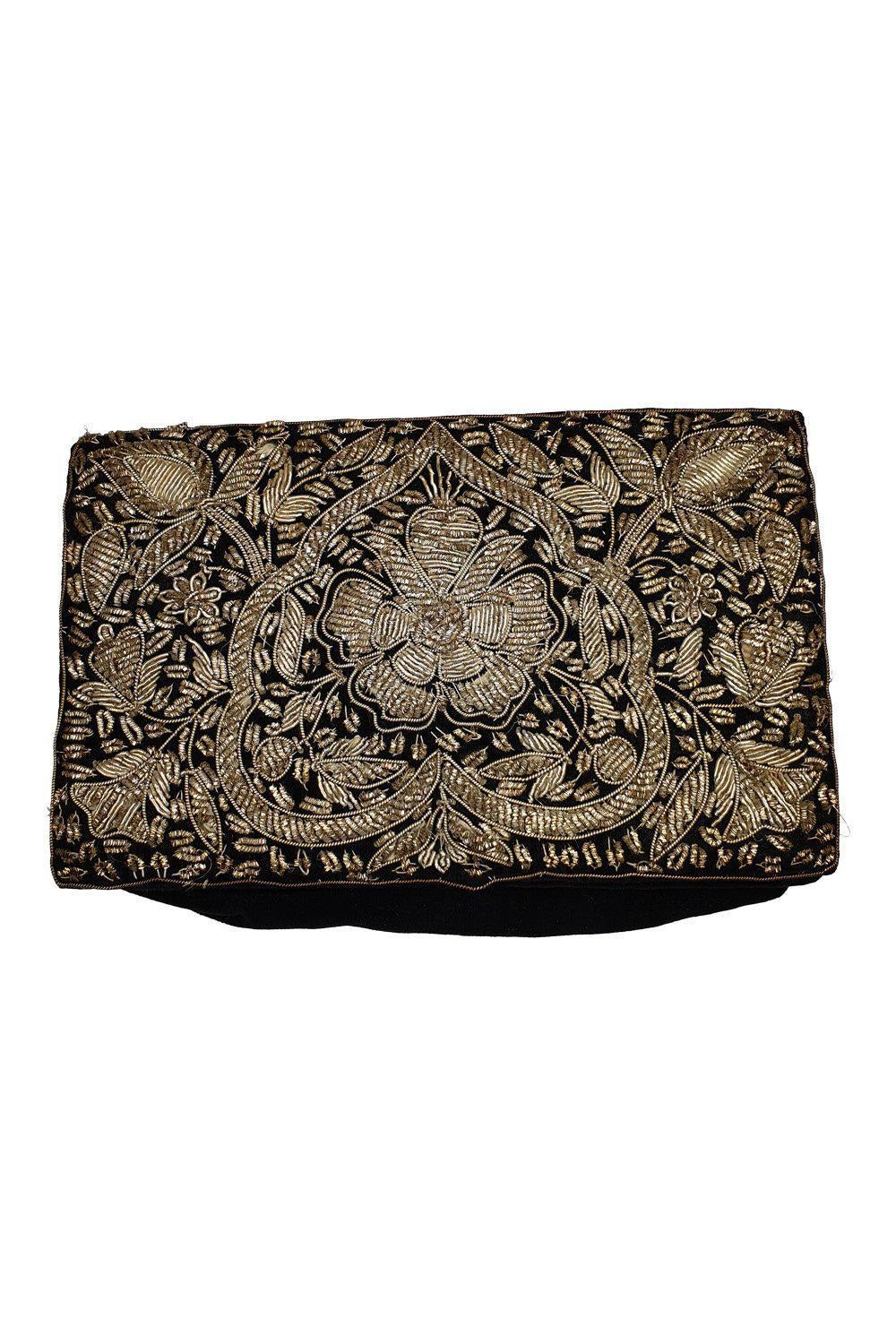 VINTAGE 1930s Black Velvet Handmade Embroidered Floral Zardozi Clutch Evening Bag (S)-Unbranded-The Freperie