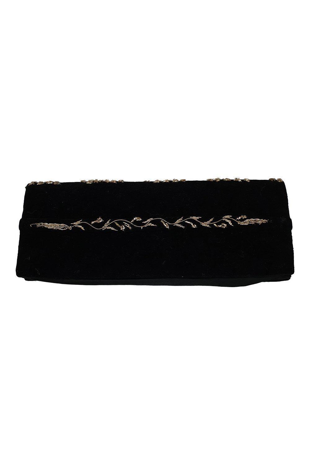 VINTAGE 1930s Black Velvet Long Rectangular Embroidered Striped Zardozi Clutch Bag (S)-Unbranded-The Freperie