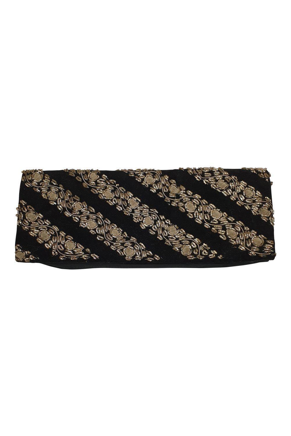 VINTAGE 1930s Black Velvet Long Rectangular Embroidered Striped Zardozi Clutch Bag (S)-Unbranded-The Freperie