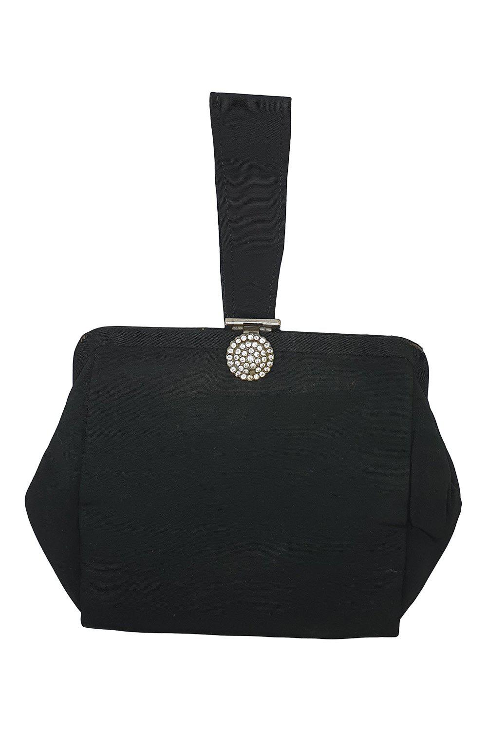 VINTAGE 1950s 1960s Black Fabric White Glass Clasp Wristlet Bag (S)-The Freperie