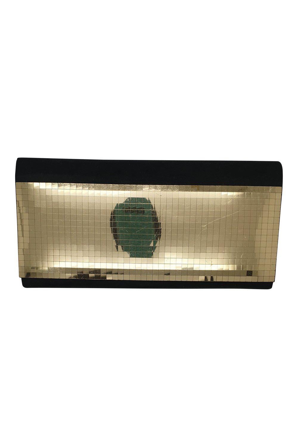 VINTAGE 1980s 1990s Black Fabric Gold Mosaic Front Envelope Clutch (S)-The Freperie