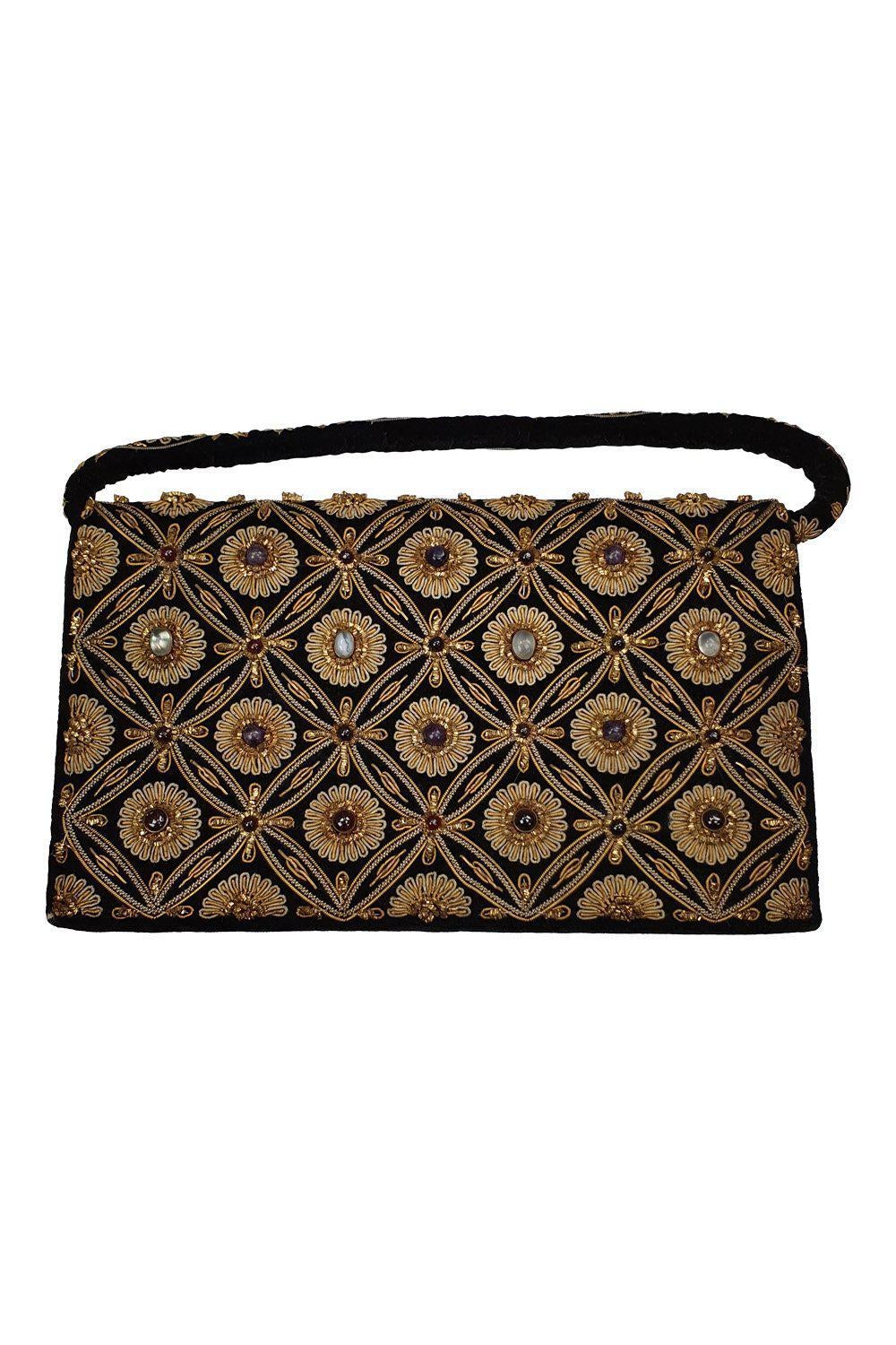 VINTAGE Black Velvet Jewel Embellished Embroidered Zardozi Handbag (S)-Unbranded-The Freperie