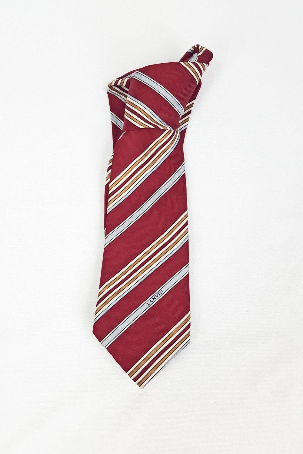 VINTAGE LANVIN 100% Silk Red Blue Brown Stripe Tie-LANVIN-The Freperie